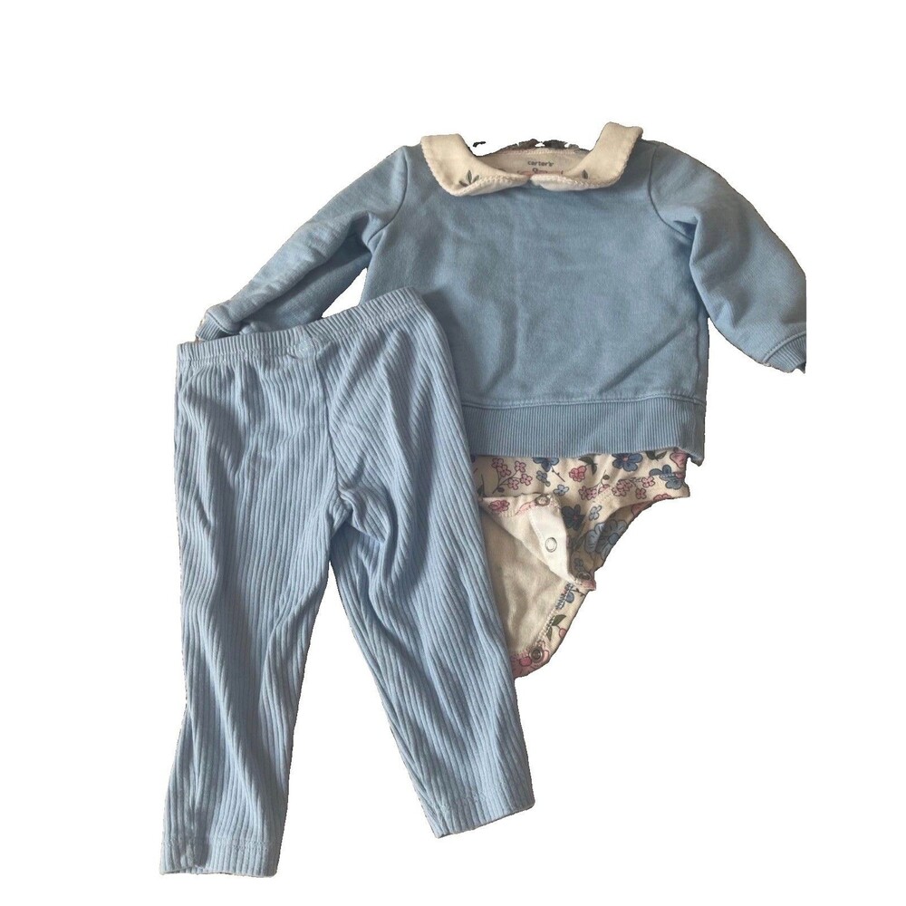Carter's Unisex 3pc Pants Set 6-9M Blue White Long Sleeve Bodysuit Sweater Pants